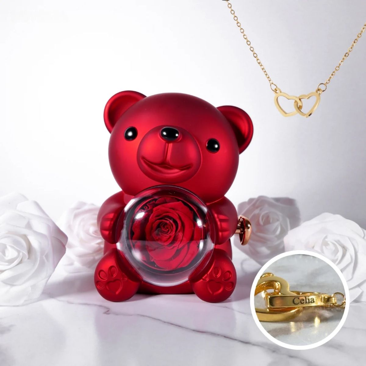 Ours Rose Éternelle - Avec Collier Gravé